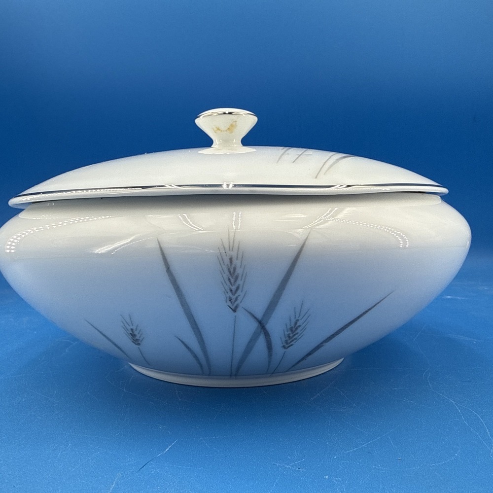 Vtg Fine China Japan Platinum Wheat Round Covered Vegetable Serving Bowl w Lid